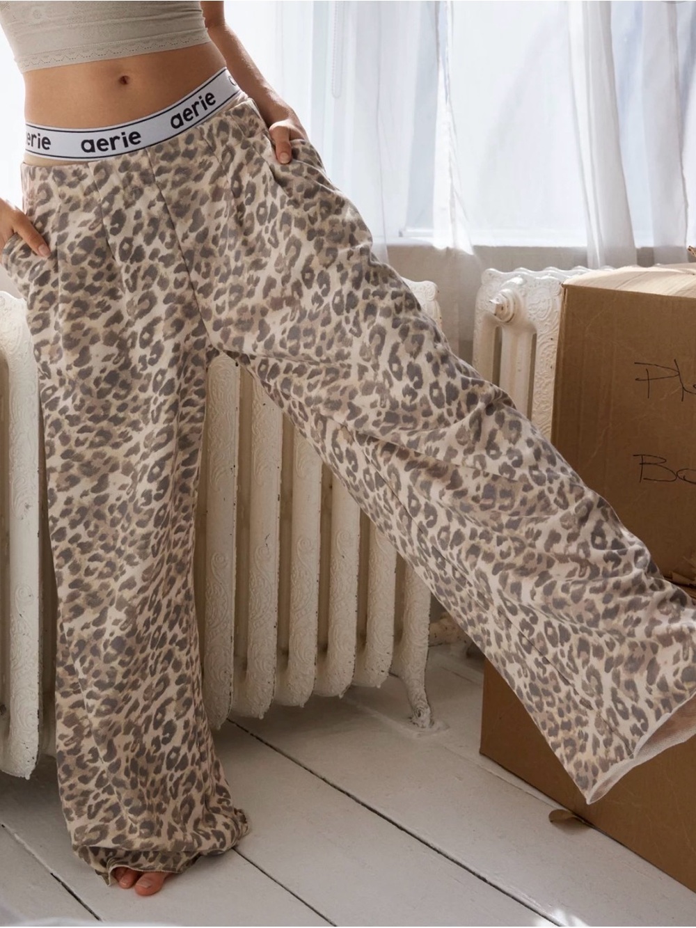 aerie Neutral Leopard Wide-Leg Lounge Pants